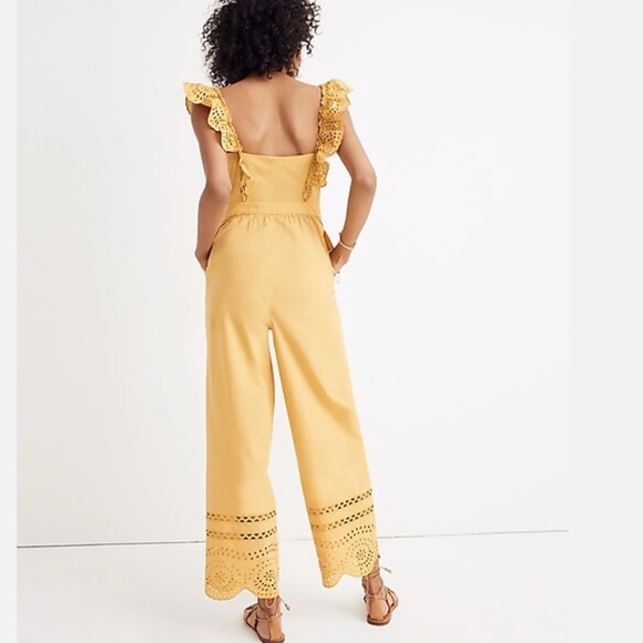 Madewell Mustard Eyelet Frilled Strap Scalloped Hem Jumpsuit Size 16 - Picture 3 of 15